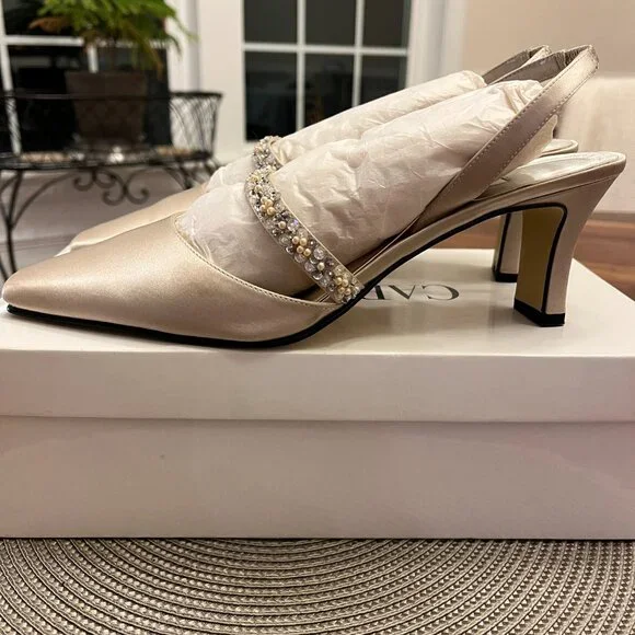 VINTAGE Caparros Evening Bridal Champagne Silk/Satin Slingbacks - 8M - Picture 4 of 13